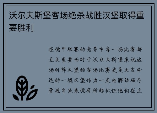 沃尔夫斯堡客场绝杀战胜汉堡取得重要胜利